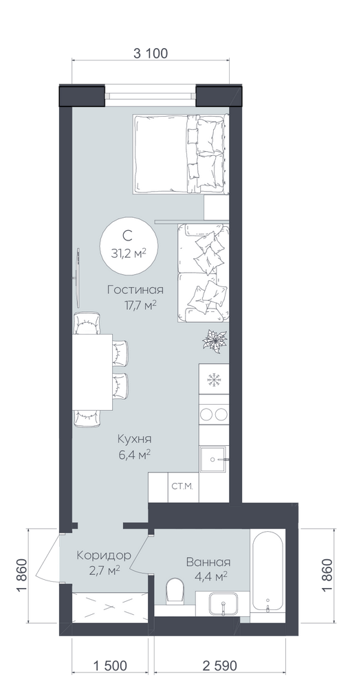 Планировка студия 31,6 м², квартира № 263