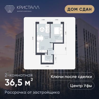 Планировка 2-комнатная 36,5 м²